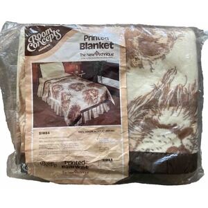 Vtg 70s Bibb Satin Trim Simba Lion All Over Print Twin Size Acrylic Blanket NEW